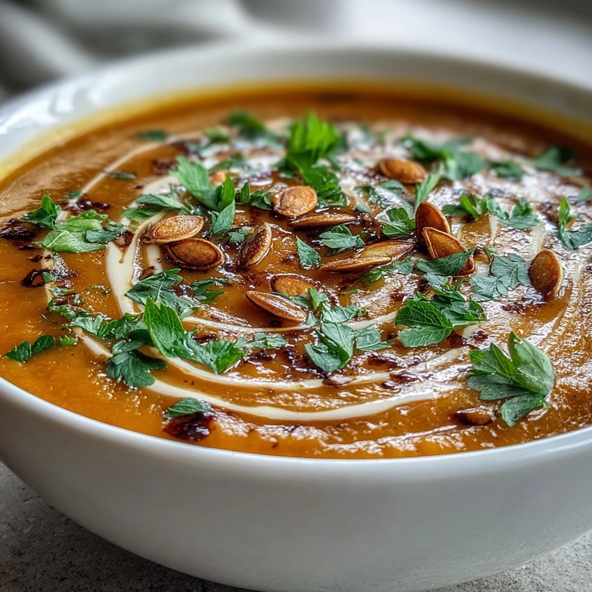 Silky butternut squash and apple soup in a rustic bowl, garnished with pumpkin seeds and parsley.  