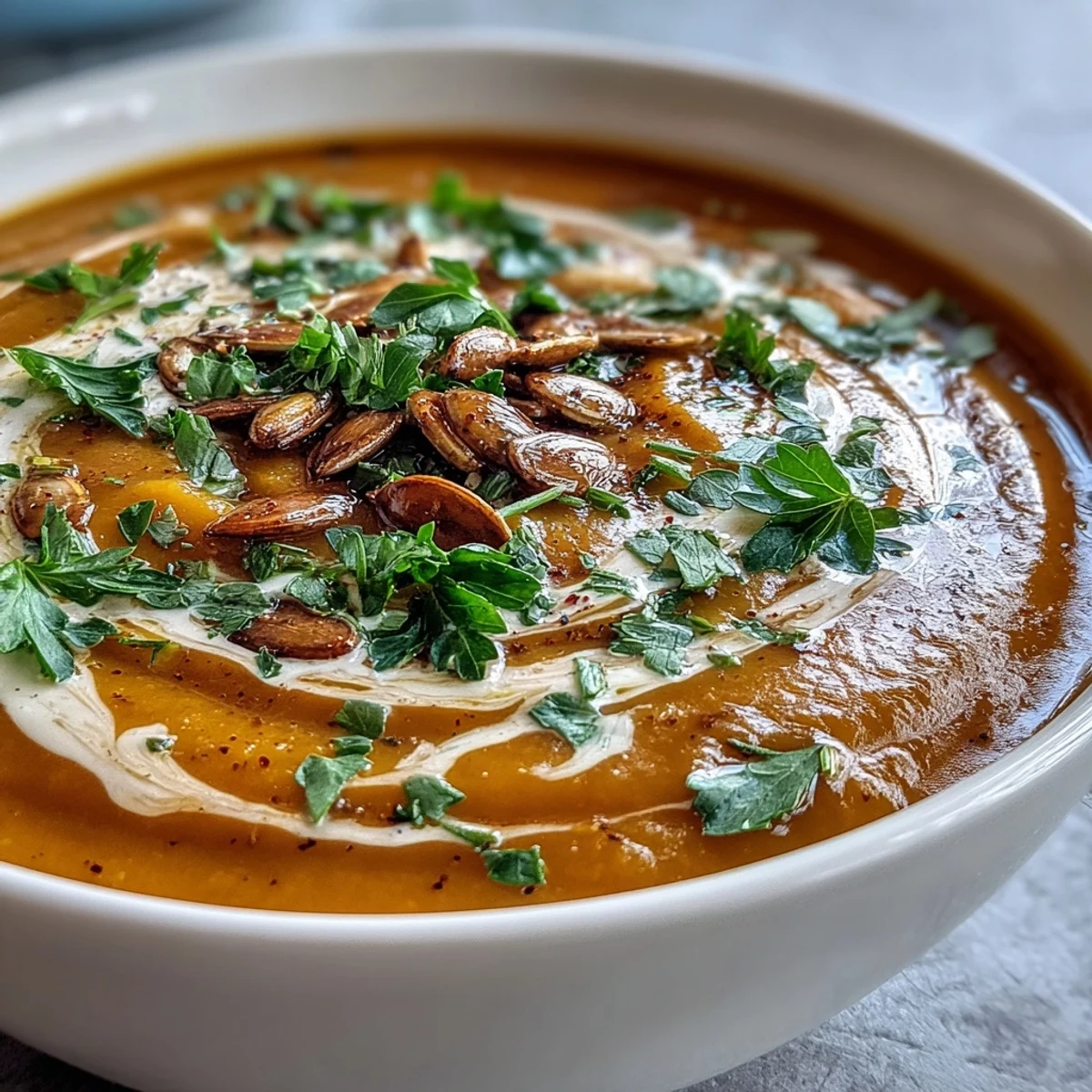 Creamy butternut squash and apple soup served warm, topped with toasted pumpkin seeds for crunch.