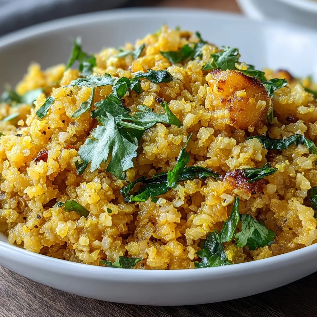 Golden turmeric cauliflower rice, beautifully fluffy with vibrant yellow spices.