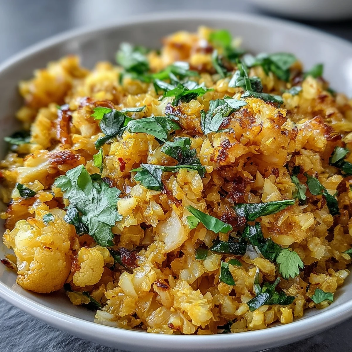 Easily prepared turmeric cauliflower rice, garnished with fresh green herbs.