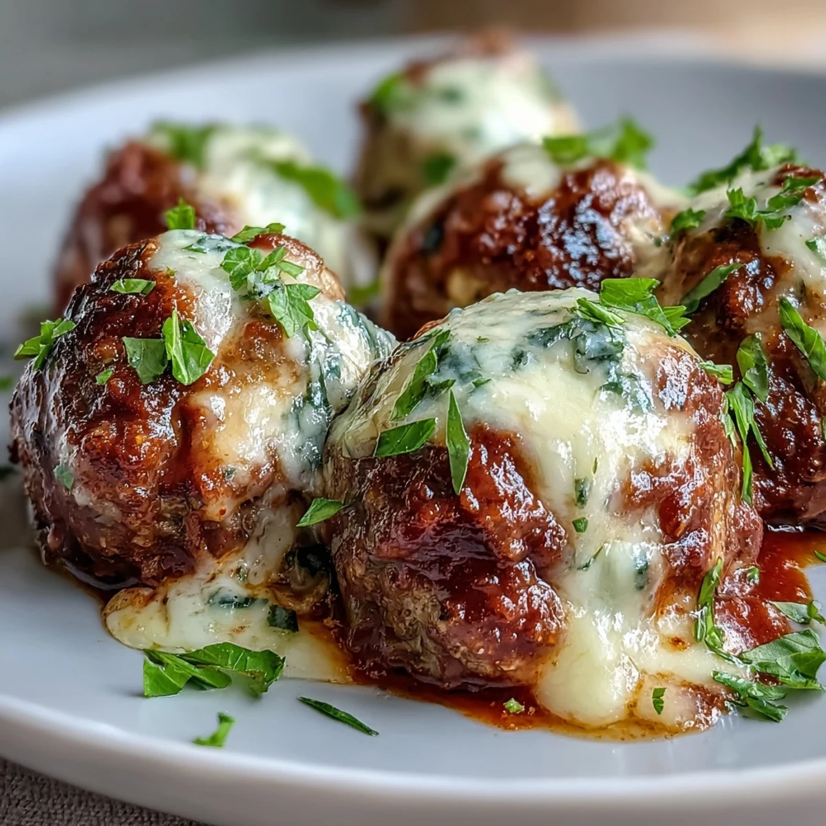 Cheesy, Garlicky Meatballs with Marinara simmer in a rich tomato sauce, garnished with fresh basil, ready to serve over pasta.