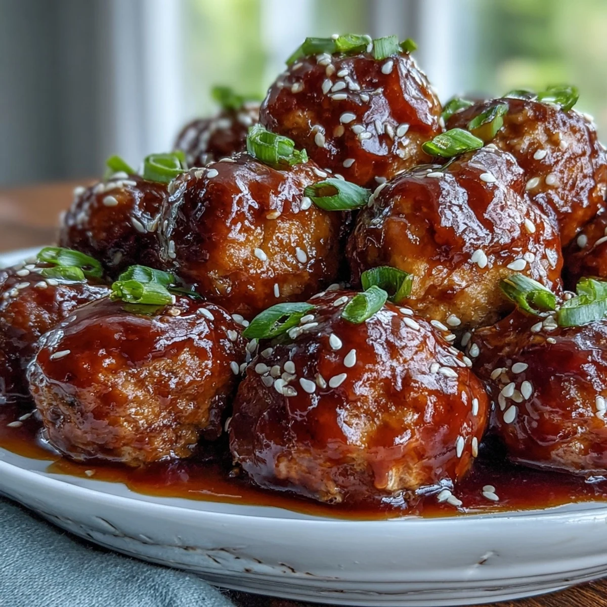 Tender Easy Sweet and Sour Crock Pot Meatballs simmered in a rich, fruity sauce, garnished with green onions and sesame seeds.