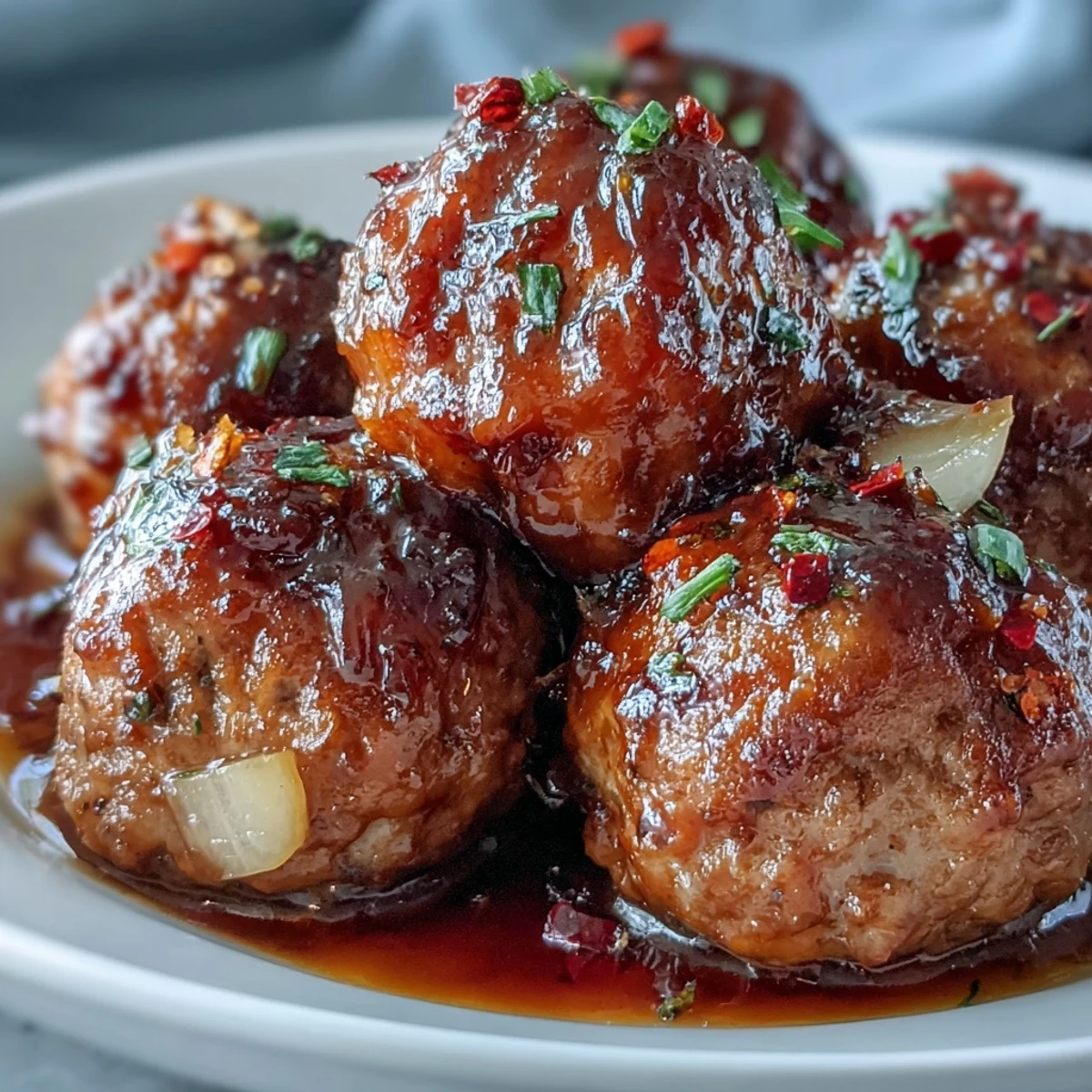 Slow Cooker Peach Glazed Meatballs glistening in sweet and tangy sauce, perfect party appetizers served from the crockpot.