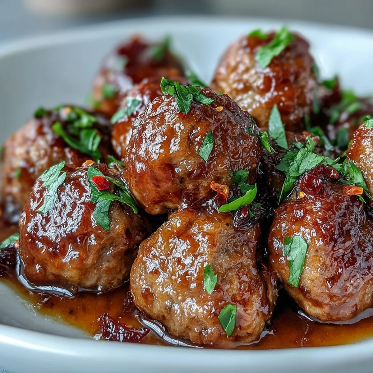 Golden brown meatballs in Slow Cooker Peach Glazed Meatballs, simmered with chili sauce and ready to eat with toothpicks.