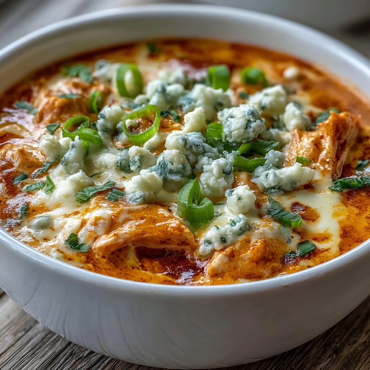 Creamy Crock Pot Buffalo Chicken Dip Soup with shredded chicken and melted cheddar, garnished with parsley in a rustic bowl.