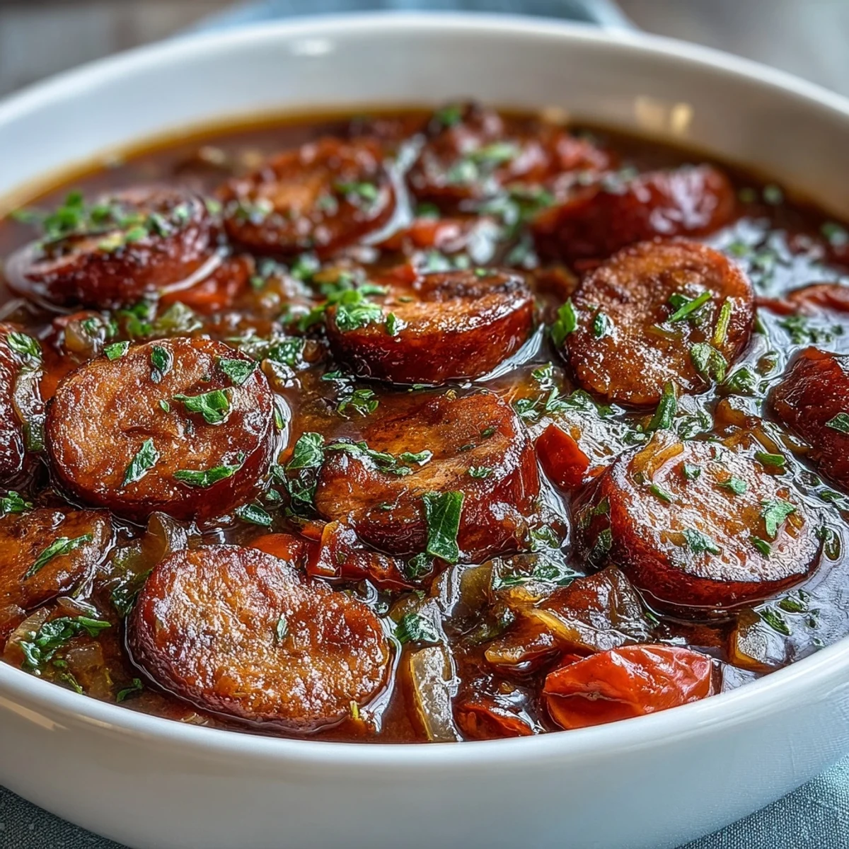 Steaming Crock Pot BBQ Cocktail Sausage Soup with tender sliced sausages, red bell pepper, and onion in a tangy, sweet broth.