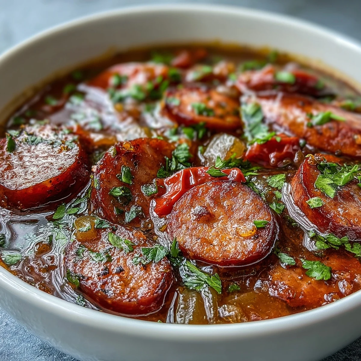 Hearty bowl of Crock Pot BBQ Cocktail Sausage Soup garnished with fresh parsley, served alongside crusty bread for dipping.