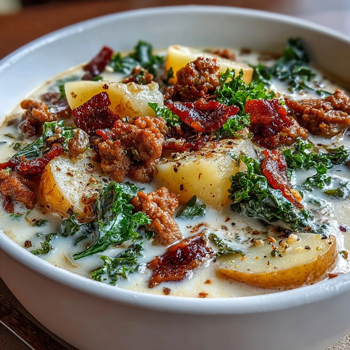 A close-up of Italian Sausage Soup shows crumbled sausage and crispy bacon in a creamy broth, with tender potato rounds and wilted kale.