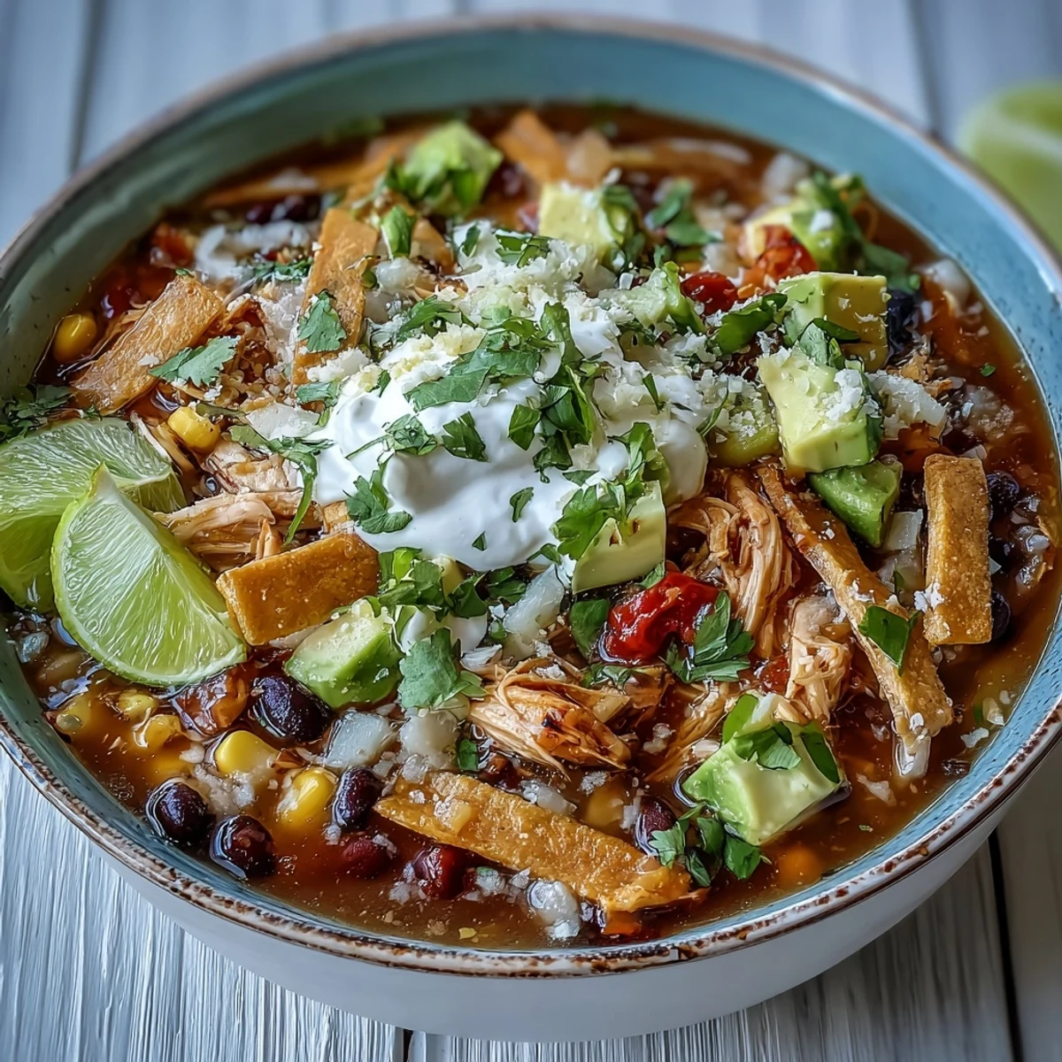 A spoon dipping into a hearty bowl of Instant Pot Chicken Tortilla Soup with lime wedges on the side.