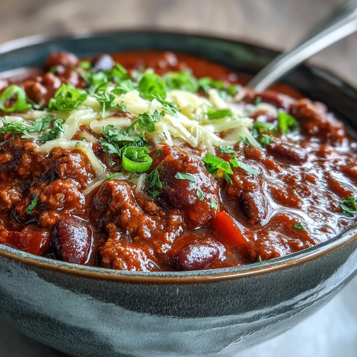 Slow Cooker Chili simmers in a round white bowl, garnished with shredded cheddar, sour cream, and fresh cilantro.