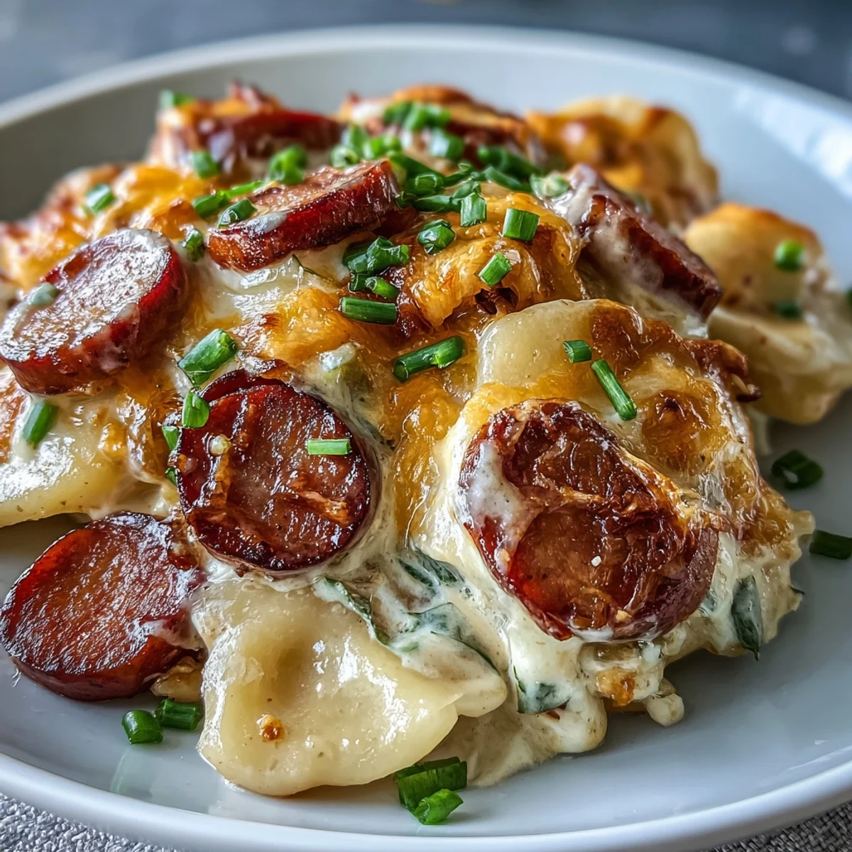 Crockpot Pierogi Casserole With Kielbasa steaming in a slow cooker, bubbling with melted cheddar cheese and savory onion slices.
