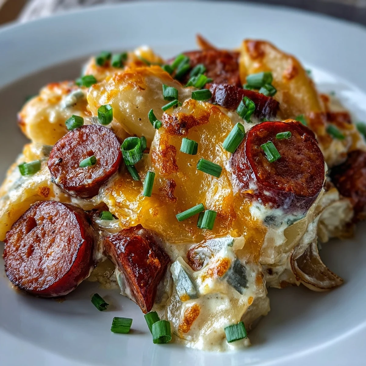 A creamy, cheesy Crockpot Pierogi Casserole With Kielbasa served on a plate, garnished with fresh parsley and ready to eat.