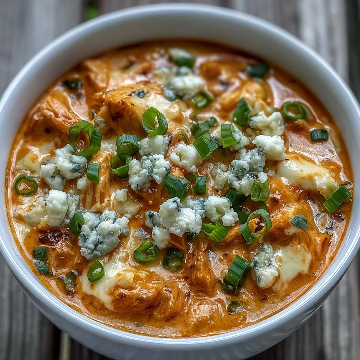 A bowl of Crock Pot Buffalo Chicken Dip Soup topped with green onions and blue cheese, served with celery sticks and tortilla chips.