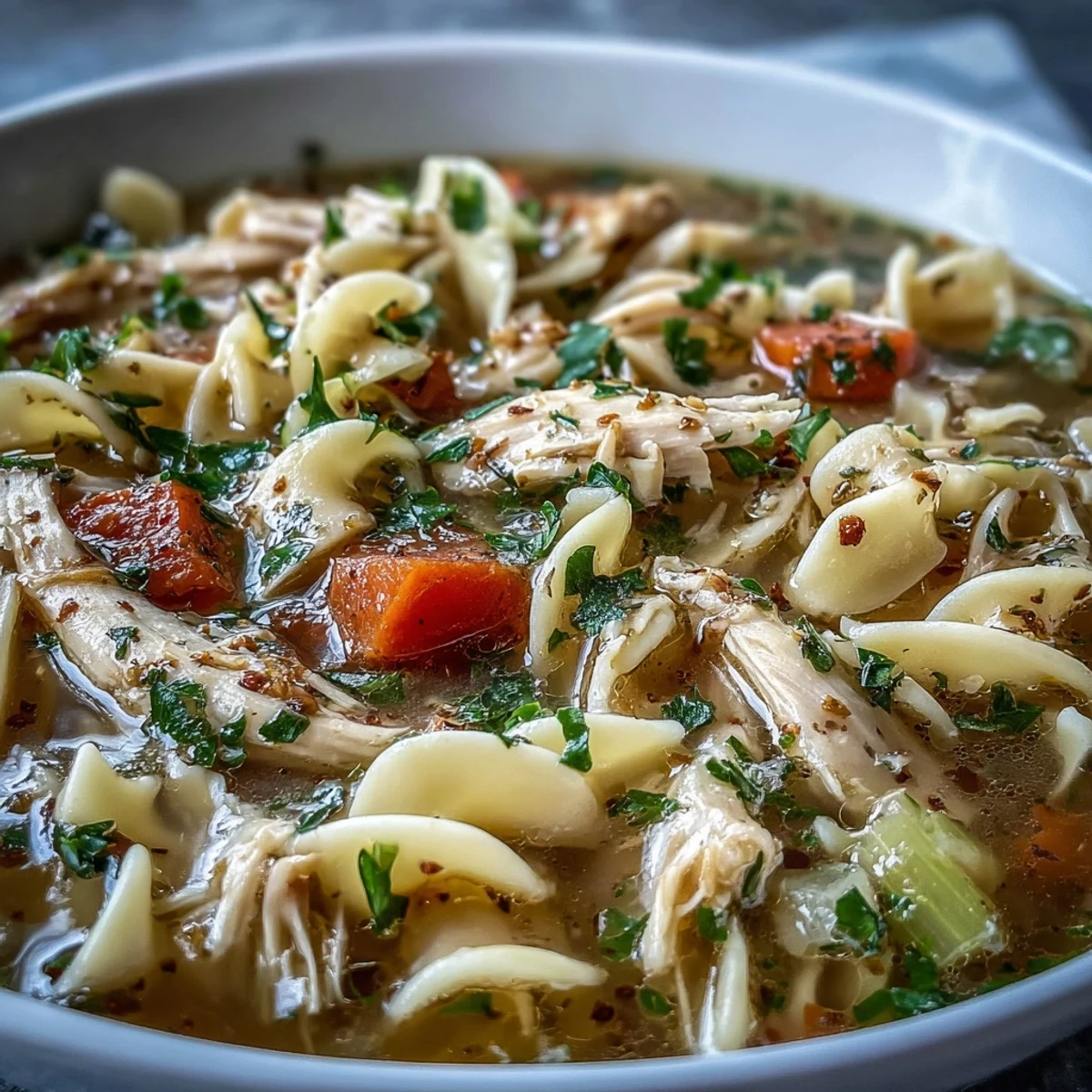 Steaming Instant Pot Chicken Noodle Soup with tender shredded chicken, carrots, and egg noodles in a rich broth.