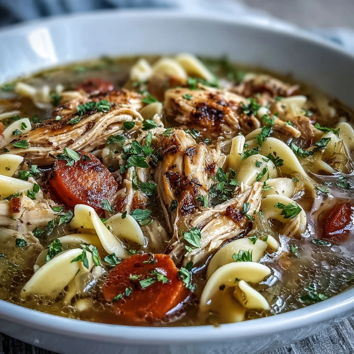Hearty Instant Pot Chicken Noodle Soup with carrots and celery, served steaming hot next to crusty bread on a rustic table.
