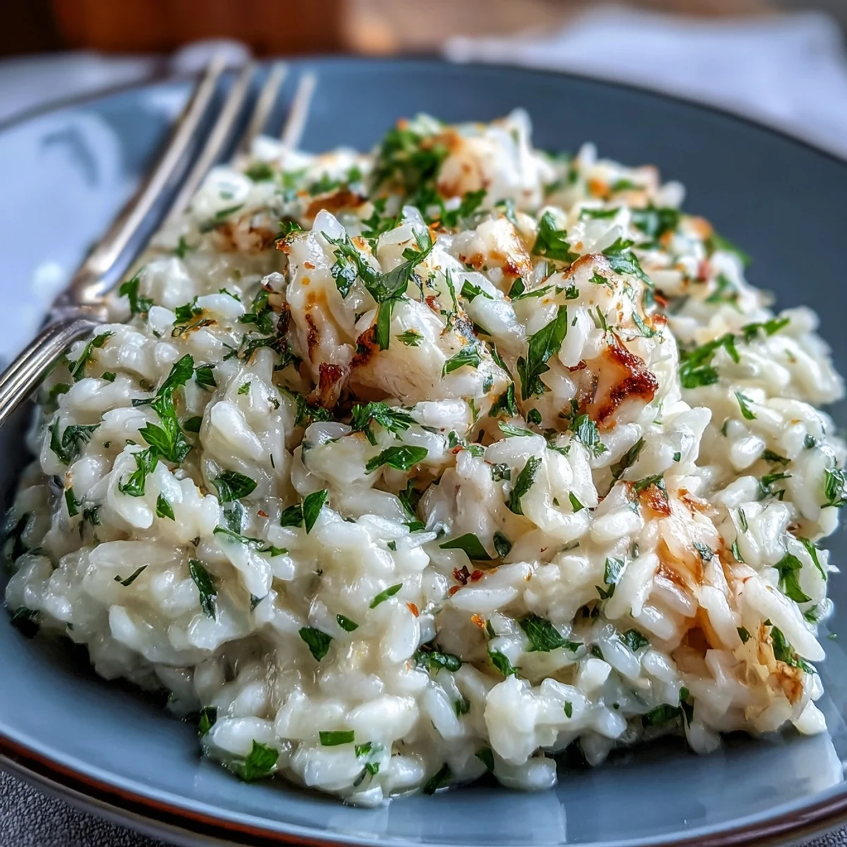 Golden-brown Smoked Haddock Risotto steaming in a rustic bowl, topped with fresh parsley and lemon zest.