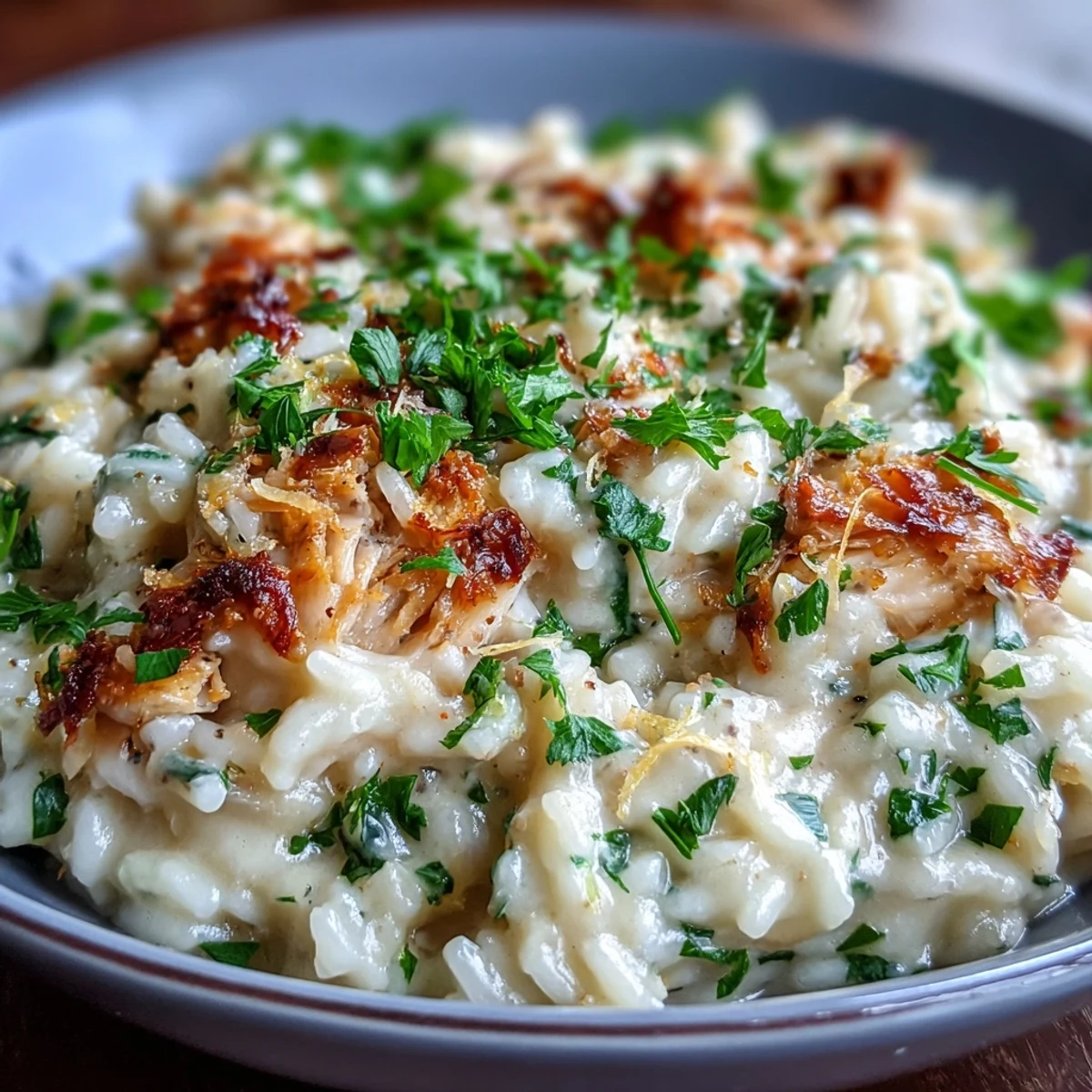 Flaky smoked haddock folded into creamy Smoked Haddock Risotto, garnished with parsley and Parmesan.