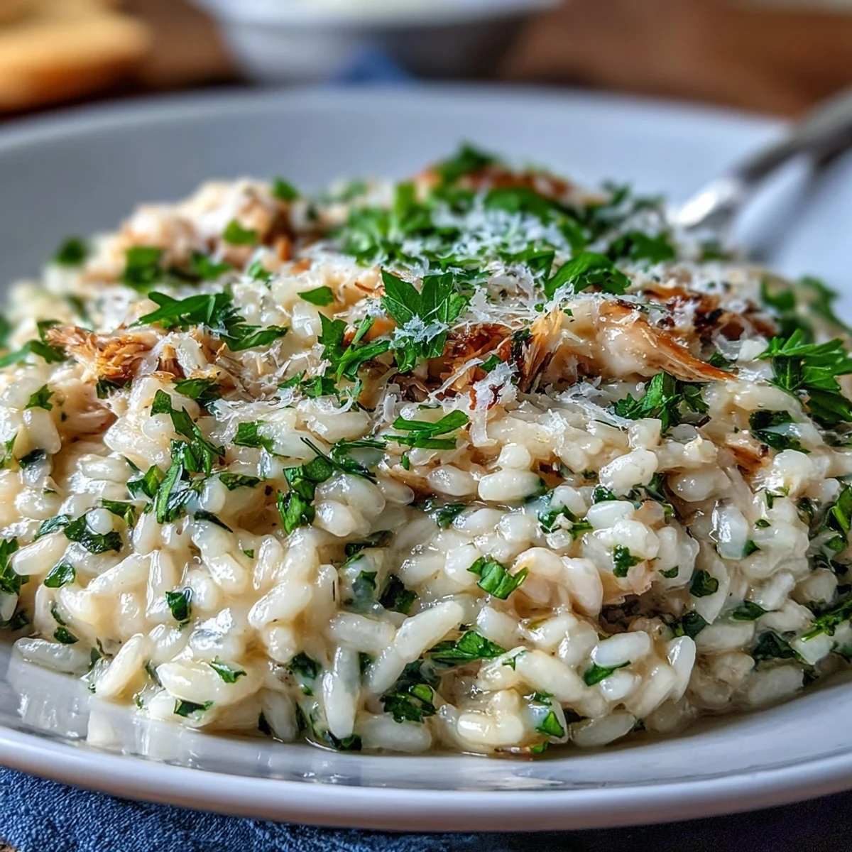 Smoked Haddock Risotto served in a skillet, garnished with lemon zest and parsley, ready to eat.