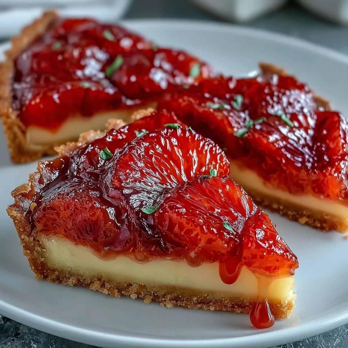 Freshly baked Blood Orange Tarts with silky vanilla custard and vibrant, glossy orange slices on a rustic wooden board.