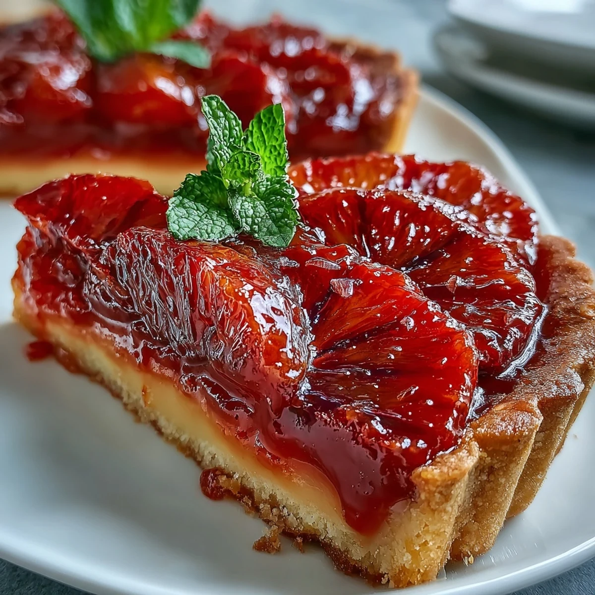 Six golden Blood Orange Tarts on a white plate, ready to serve with a drizzle of honey glaze for shine.