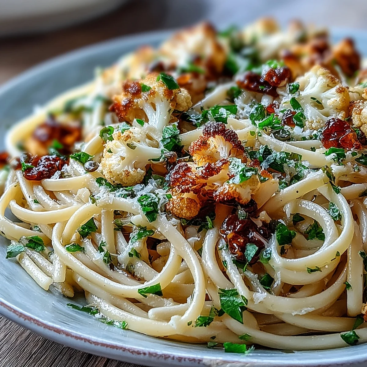 Golden roasted cauliflower florets tossed with anchovies, raisins, and whole wheat spaghetti in a skillet.