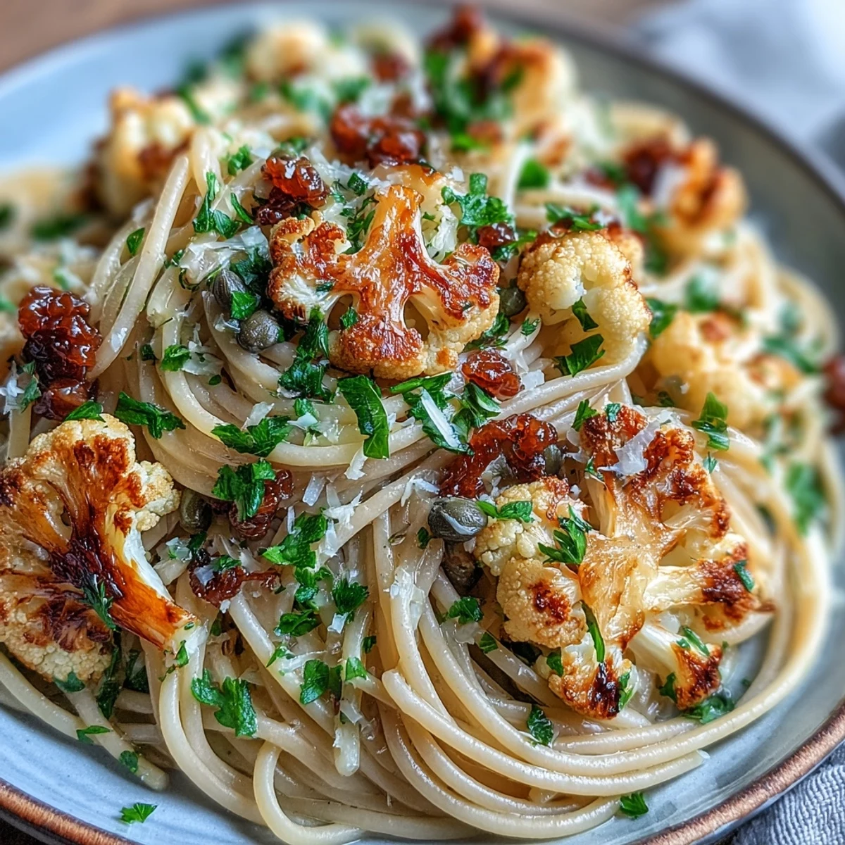 Pasta dish featuring roasted cauliflower, melted anchovies, and plump raisins served on a rustic white plate.