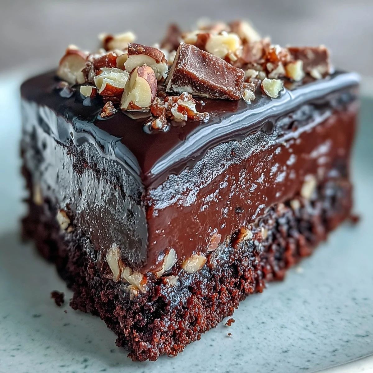 Chocolate Celebration Cake with glossy ganache and crunchy hazelnut praline shards on a white plate.