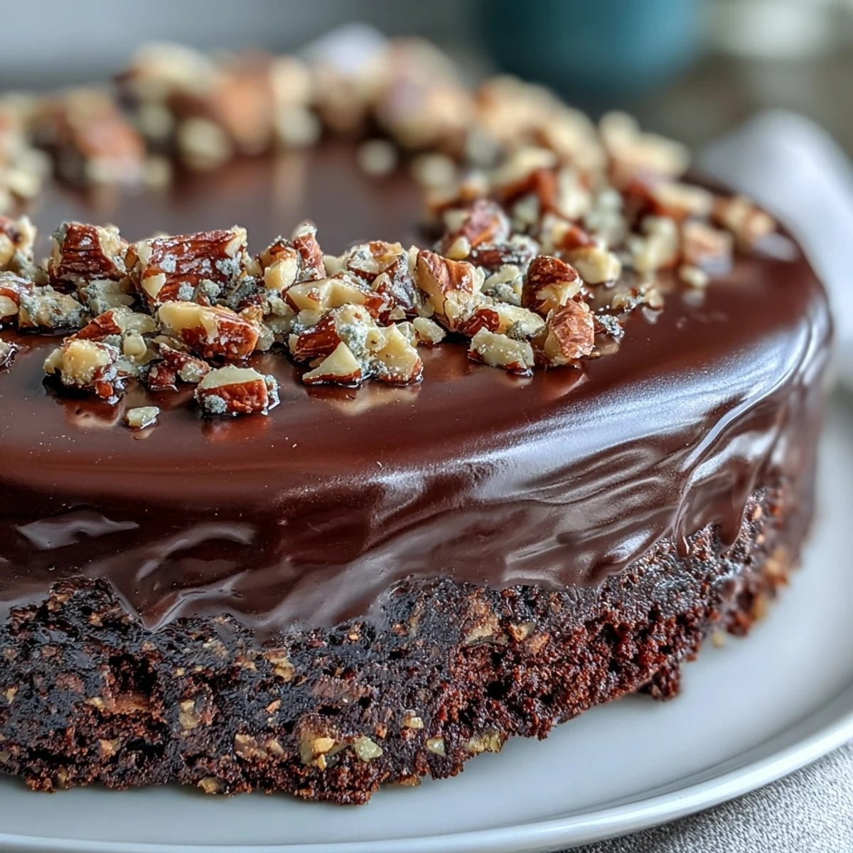 Dense, fudgy Chocolate Celebration Cake topped with caramel praline and served with espresso on the side.