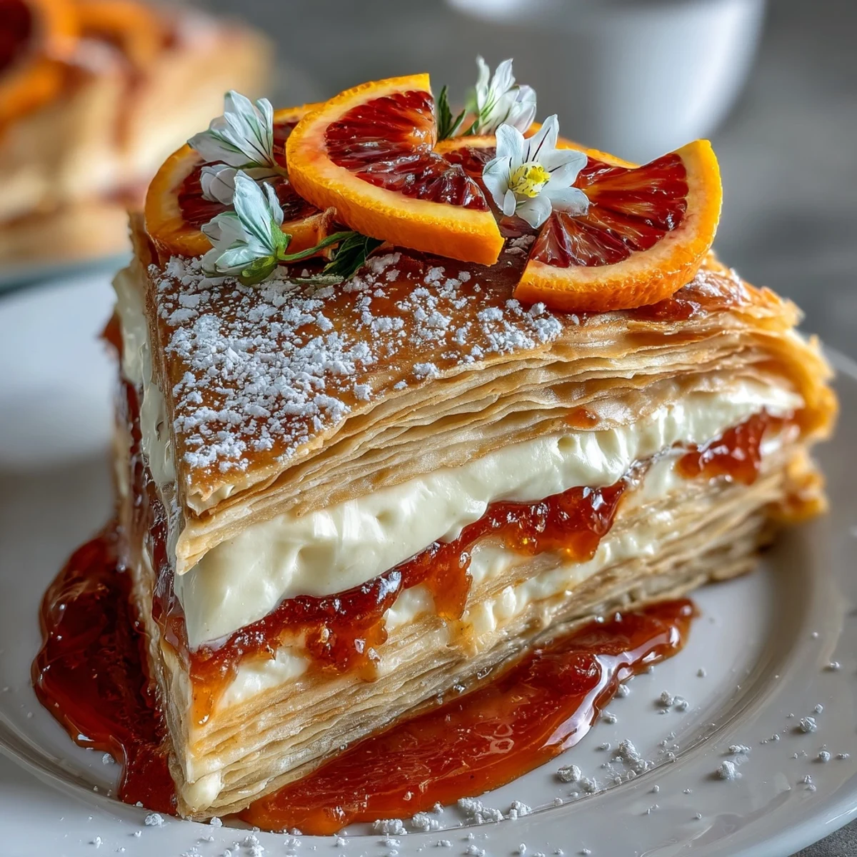 A tall slice of Blood Orange Curd Crêpe Cake reveals paper-thin crêpe layers with creamy filling and fresh orange zest.