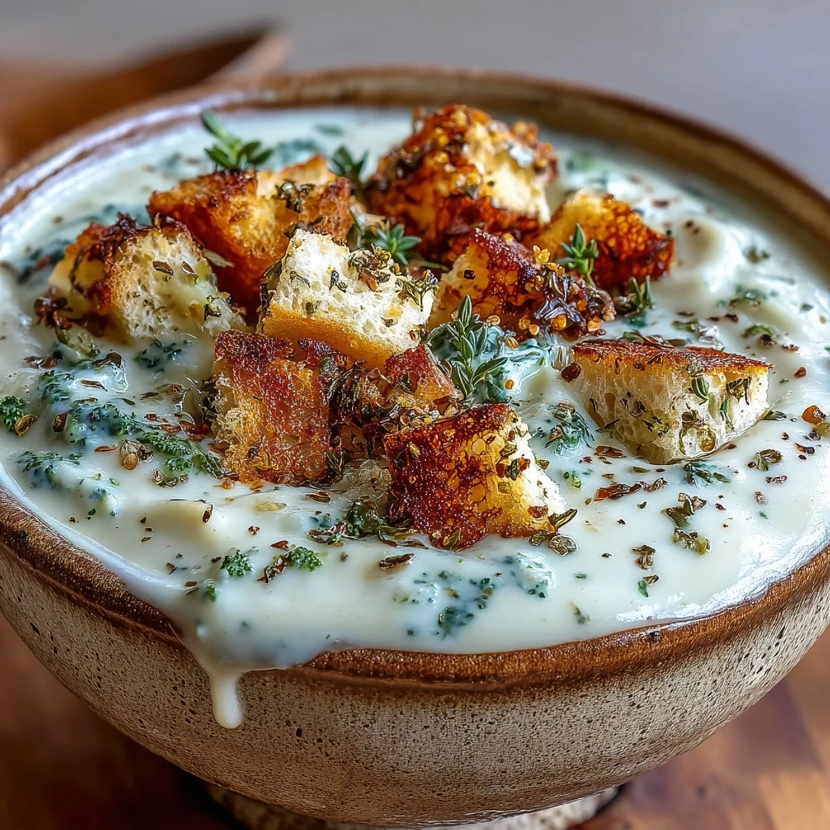 Silky smooth Cauliflower and Broccoli Soup garnished with crunchy croutons and fresh herbs.
