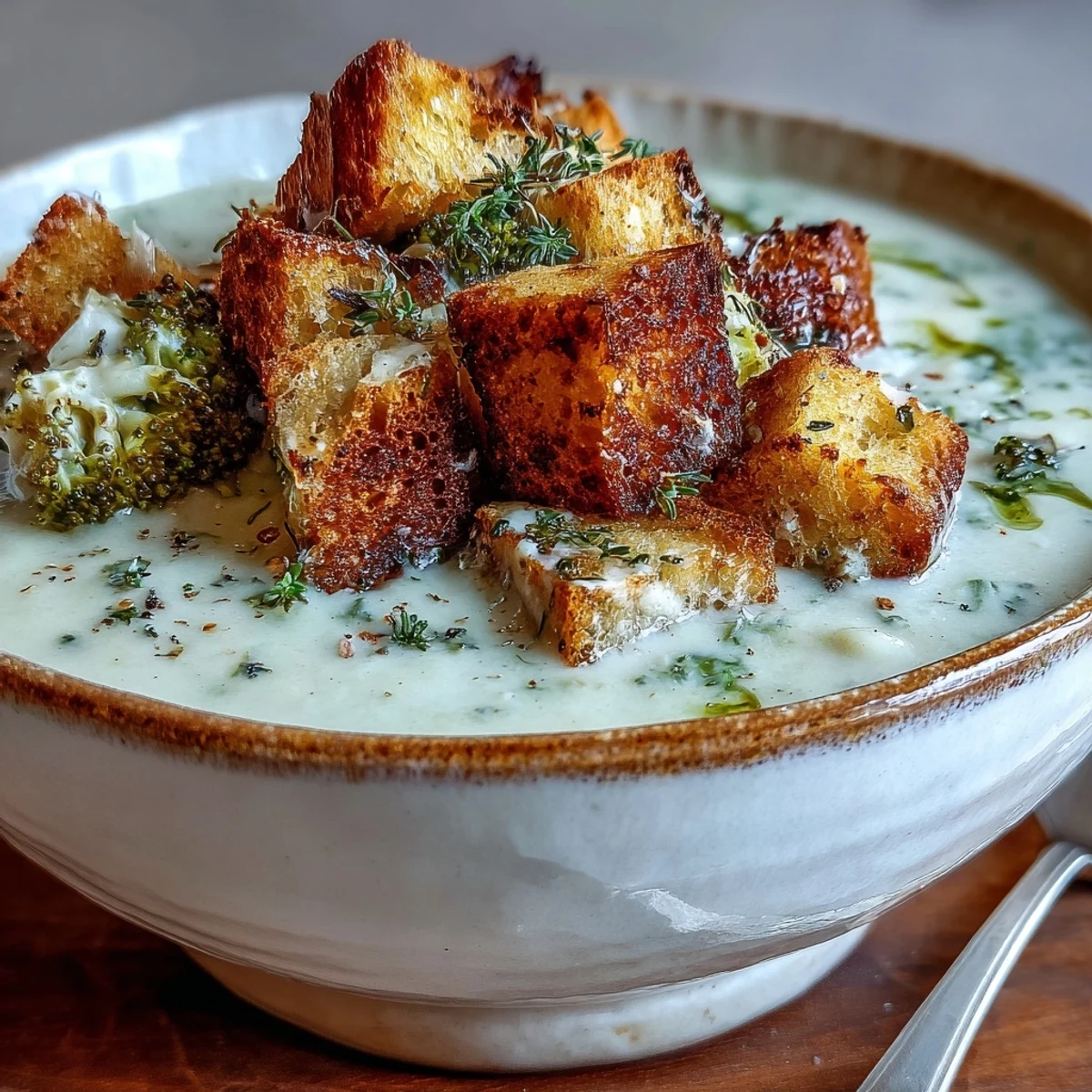 Homemade Cauliflower and Broccoli Soup with tender vegetables, creamy texture, and crispy croutons.