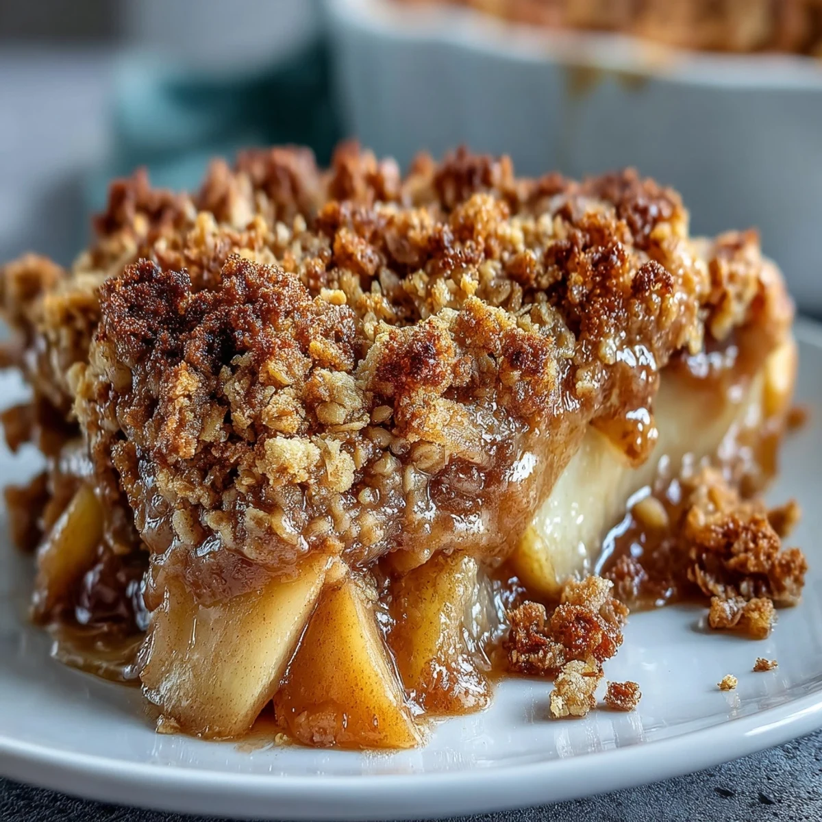 Warm pear crumble with a golden, crunchy oat topping, bubbling with juicy pear slices from a 9-inch baking dish.  