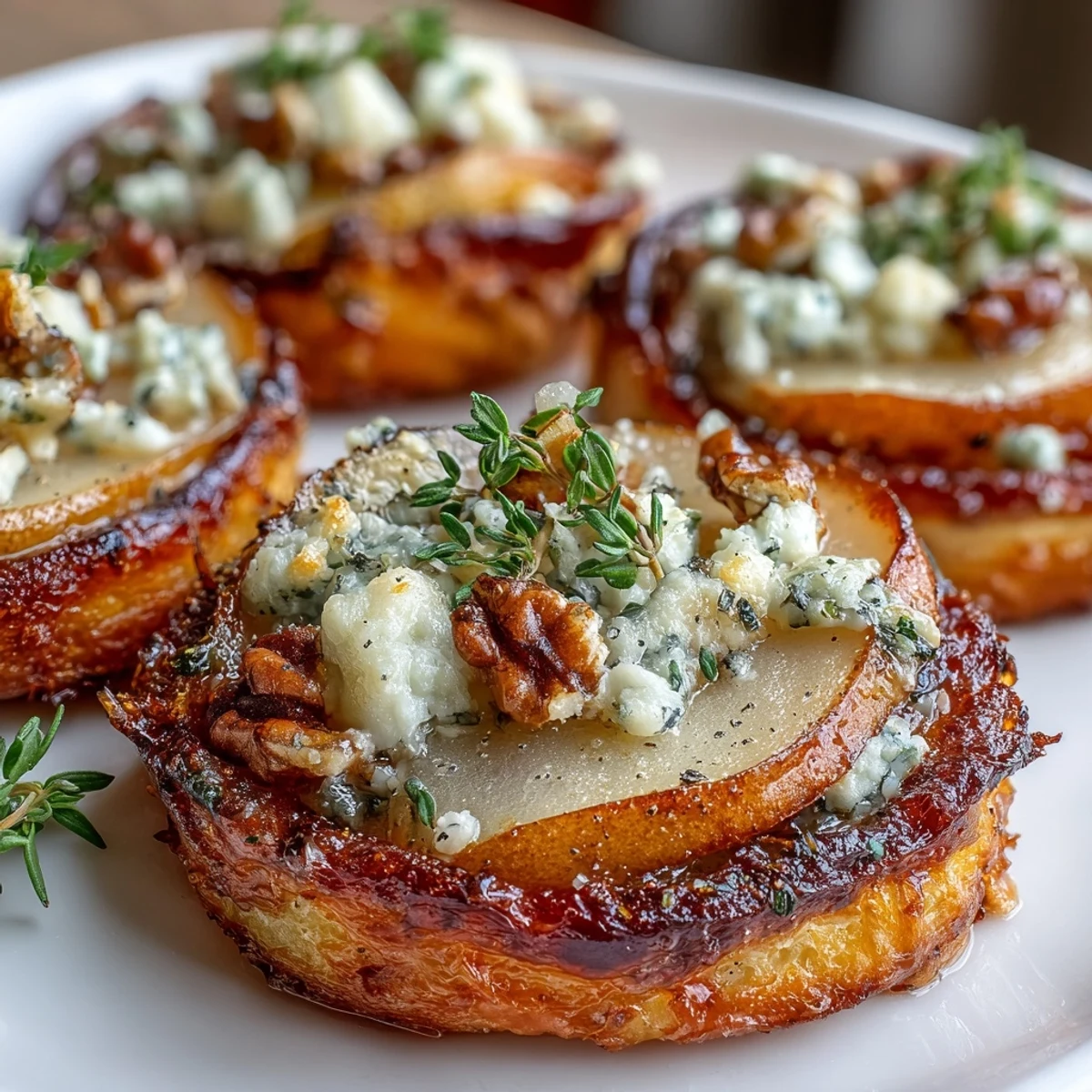 Freshly baked Pear, Gorgonzola, and Pickled Walnut Pizzettes topped with thyme on a rustic wooden board.