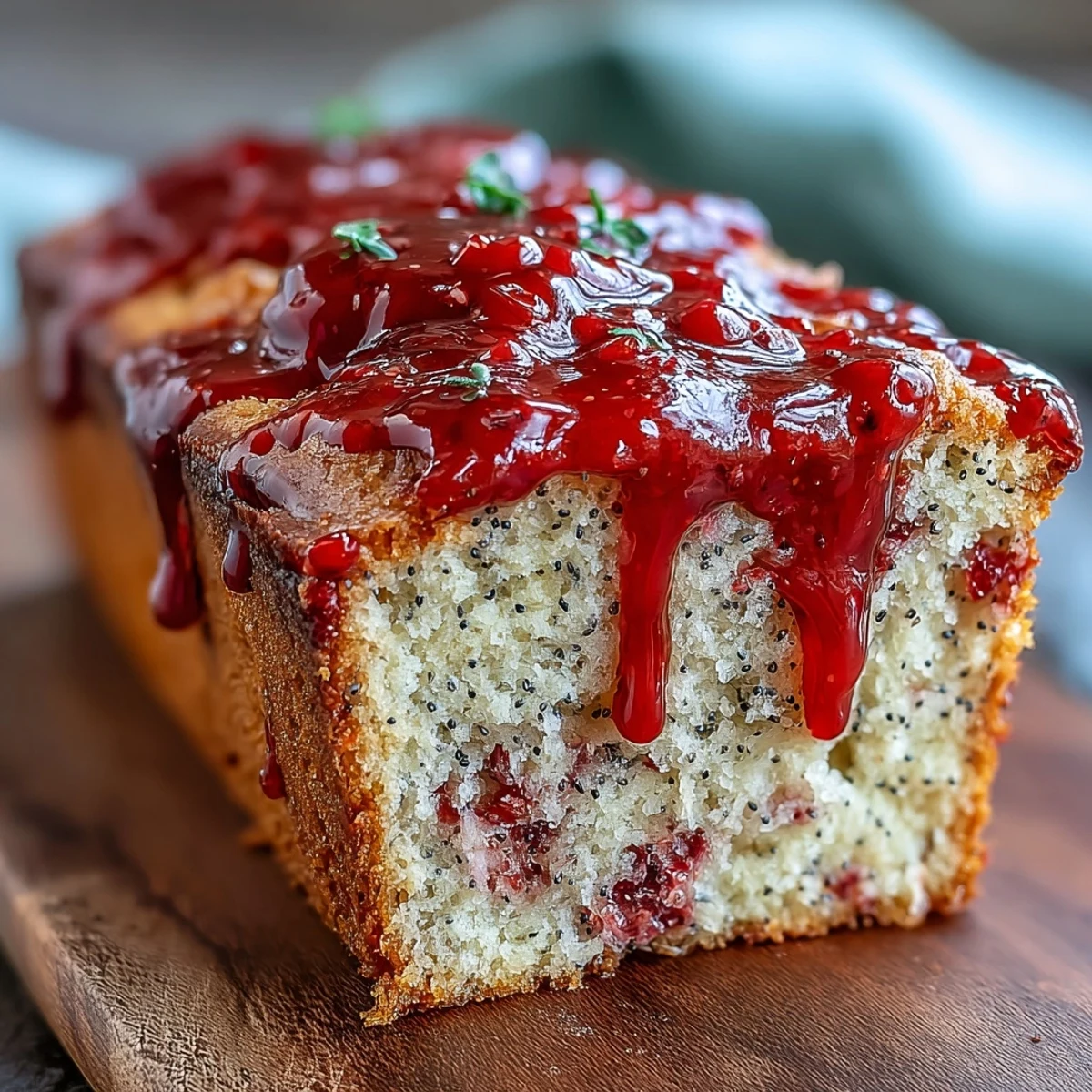 Freshly sliced Blood Orange Loaf Cake with poppy seeds and marzipan, drizzled with sweet glaze on a rustic wooden board.
