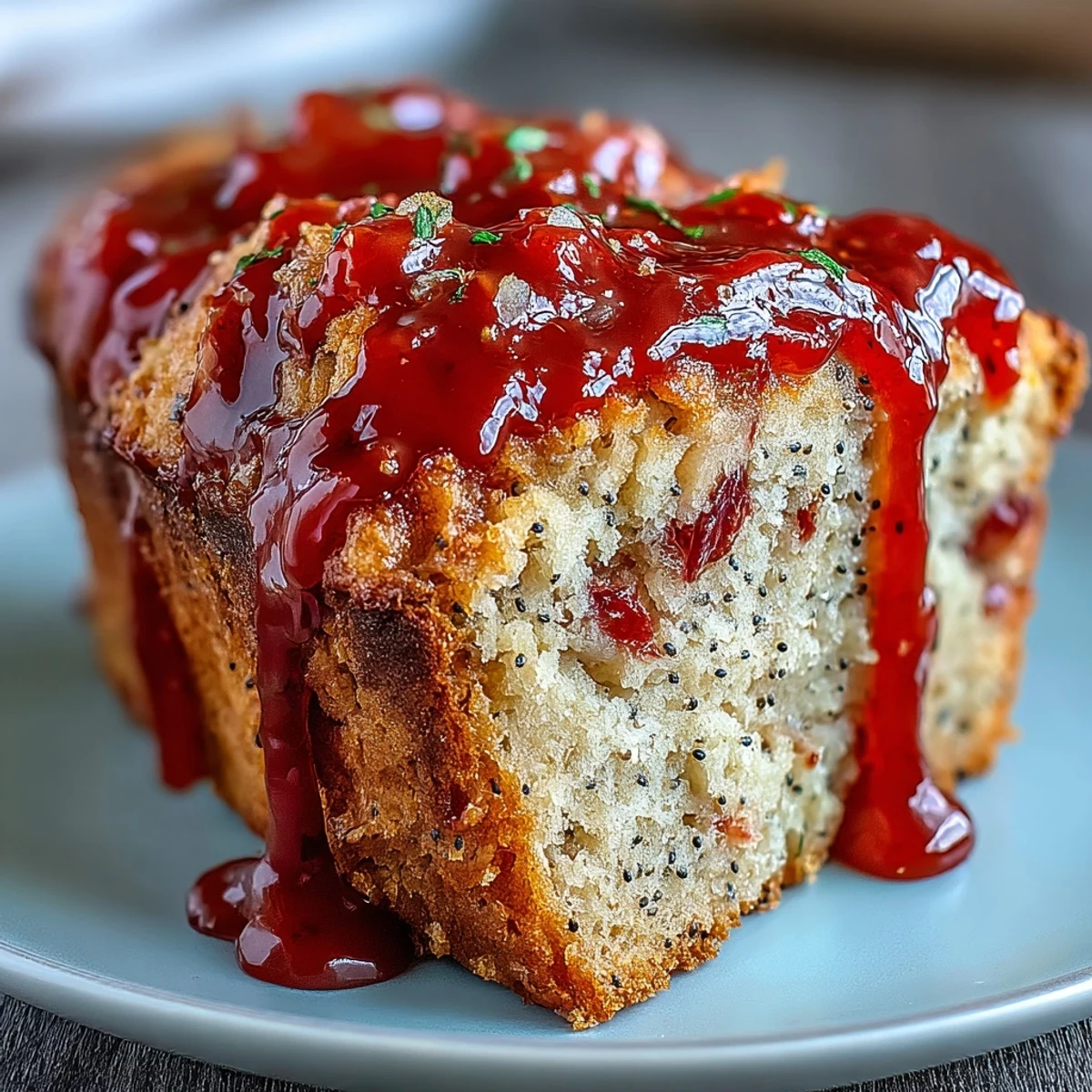 Close-up of Blood Orange Loaf Cake with ruby-red glaze dripping down the sides, garnished with fresh blood orange slices.