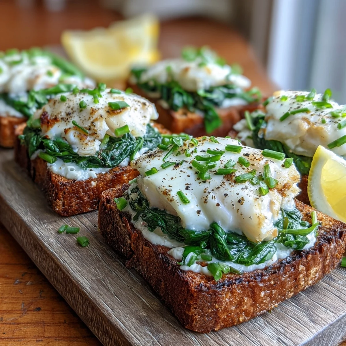 Warm, protein-packed smoked haddock and spinach rye toasts served with lemon wedges and fresh chives on a rustic plate.