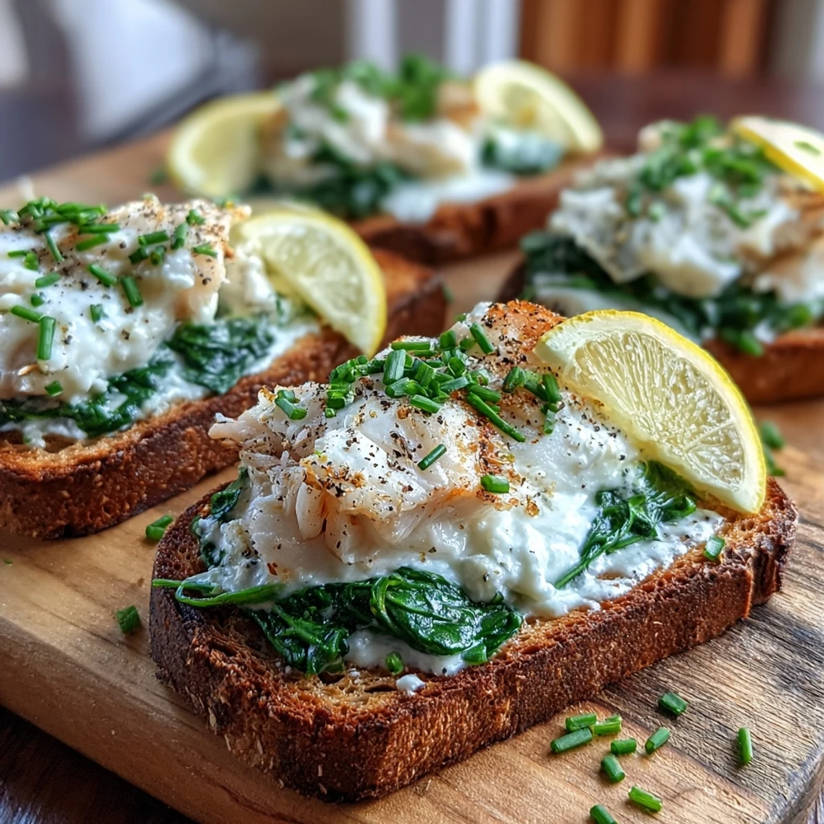 Golden rye toast topped with flaky smoked haddock, wilted spinach, and a dollop of creamy crème fraîche for a savory breakfast.