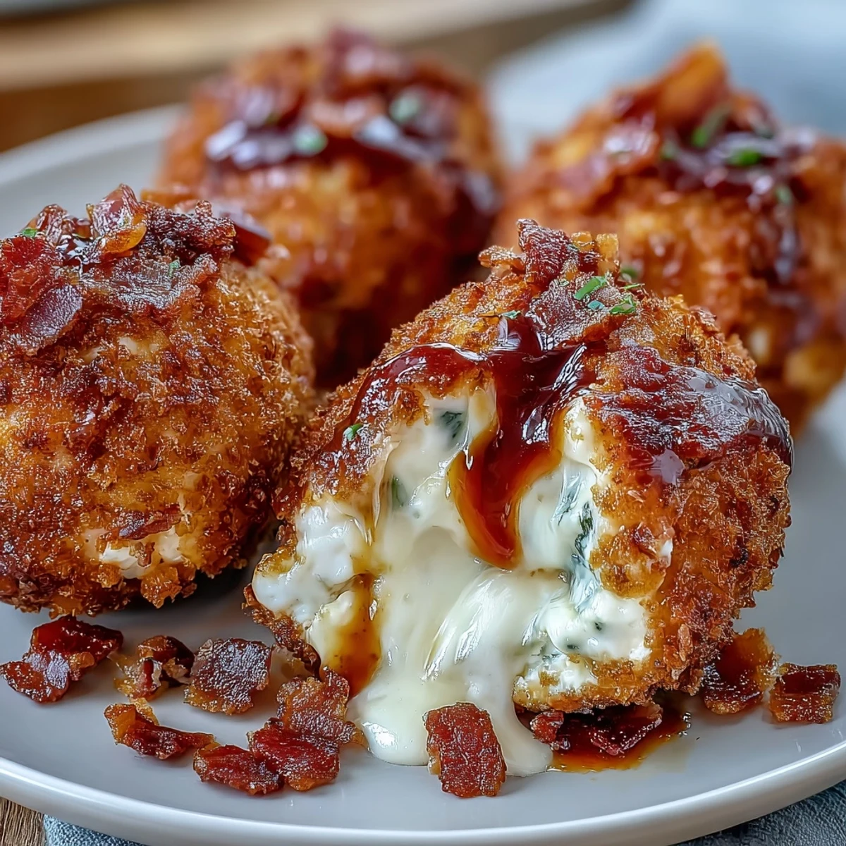 Golden brown Buffalo Chicken Bacon Mozzarella Bombs served hot with creamy blue cheese dip. 