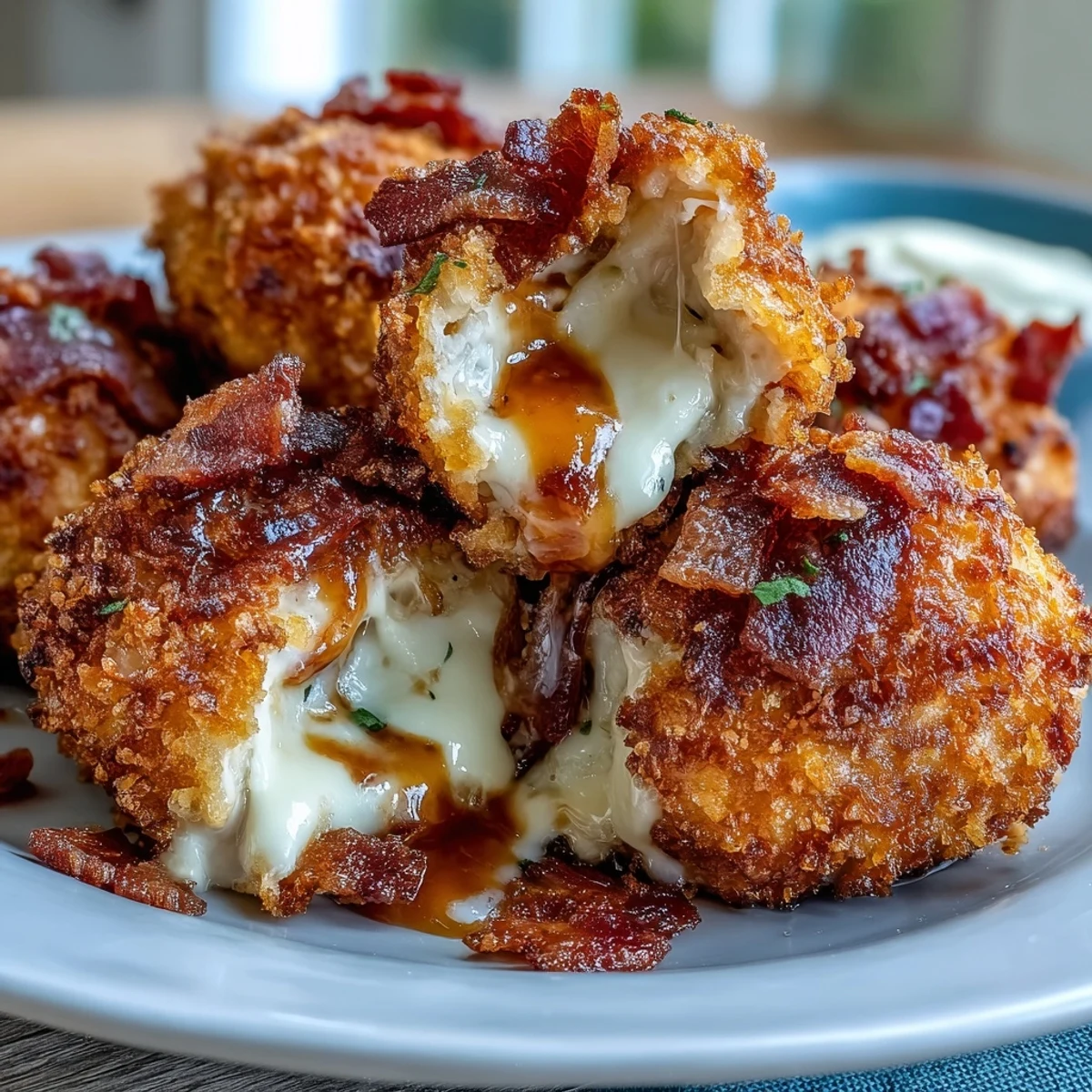 Crisp, panko-coated Buffalo Chicken Bacon Mozzarella Bombs stacked on a platter for a game day party. 