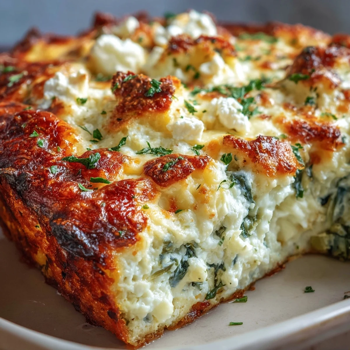 Freshly baked High Protein Spinach Artichoke Casserole with golden edges, served hot from the oven.