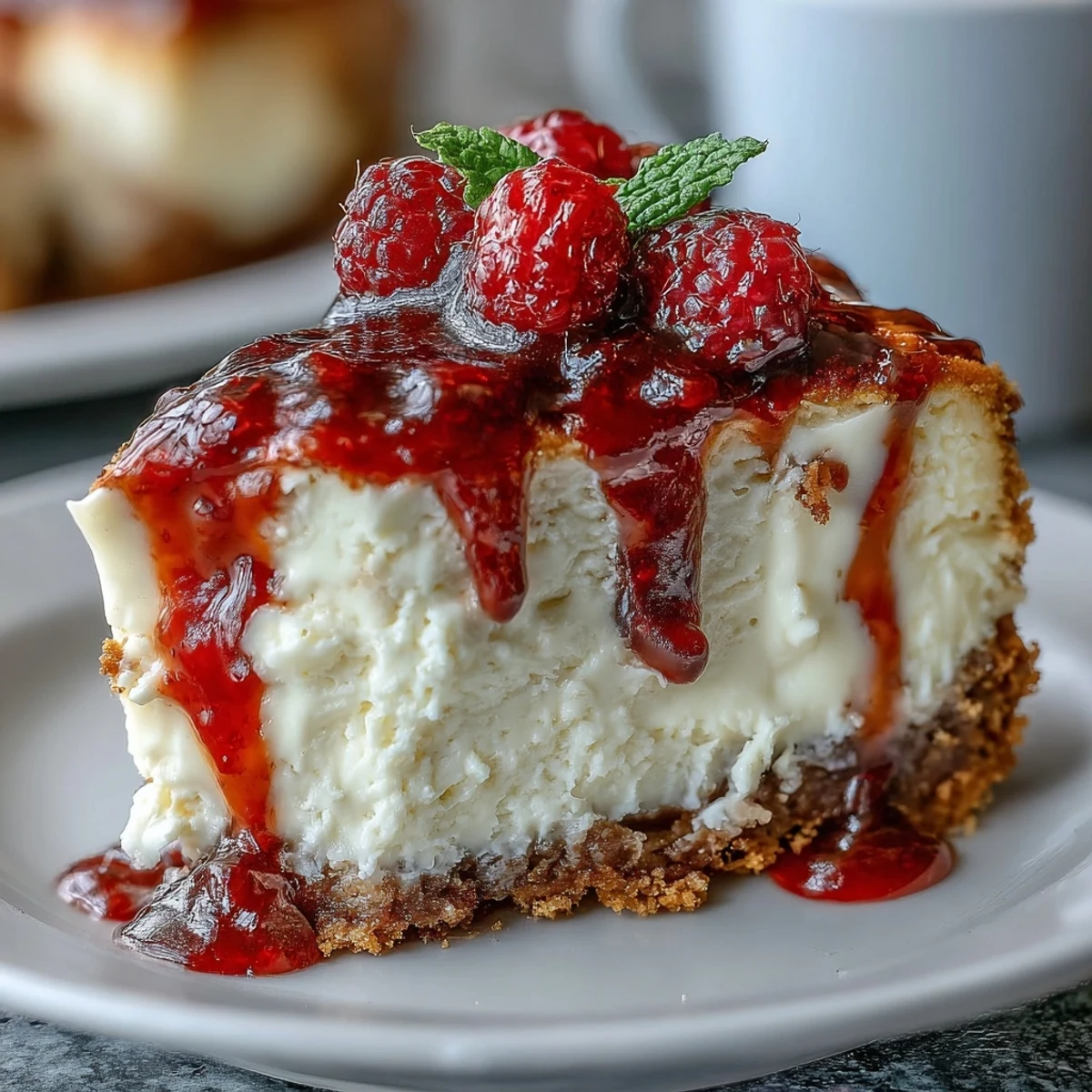 A close-up of a creamy slice of Indulgent White Chocolate Raspberry Cheesecake Bliss, revealing a swirled raspberry sauce and a buttery graham cracker crust.