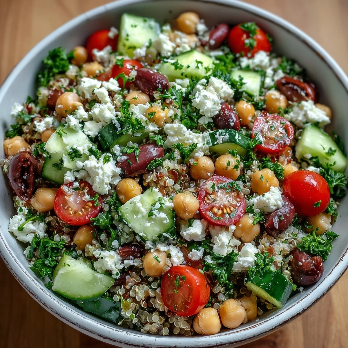 Fluffy quinoa and hearty chickpeas in a vibrant High Protein Quinoa & Chickpea Salad, topped with creamy feta and fresh herbs.