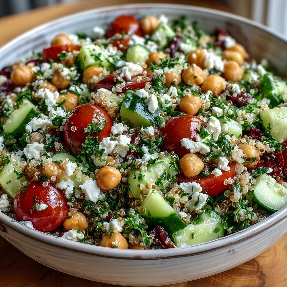 Healthy High Protein Quinoa & Chickpea Salad served in a white bowl, ready for a nutritious lunch or colorful party side dish.