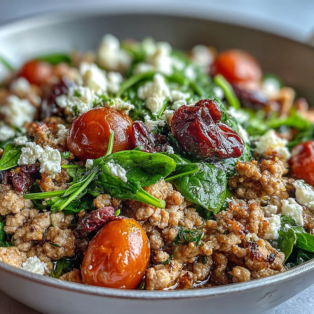 Fragrant Mediterranean Keto Ground Chicken Skillet with olives and feta, served steaming from the pan with fresh parsley.