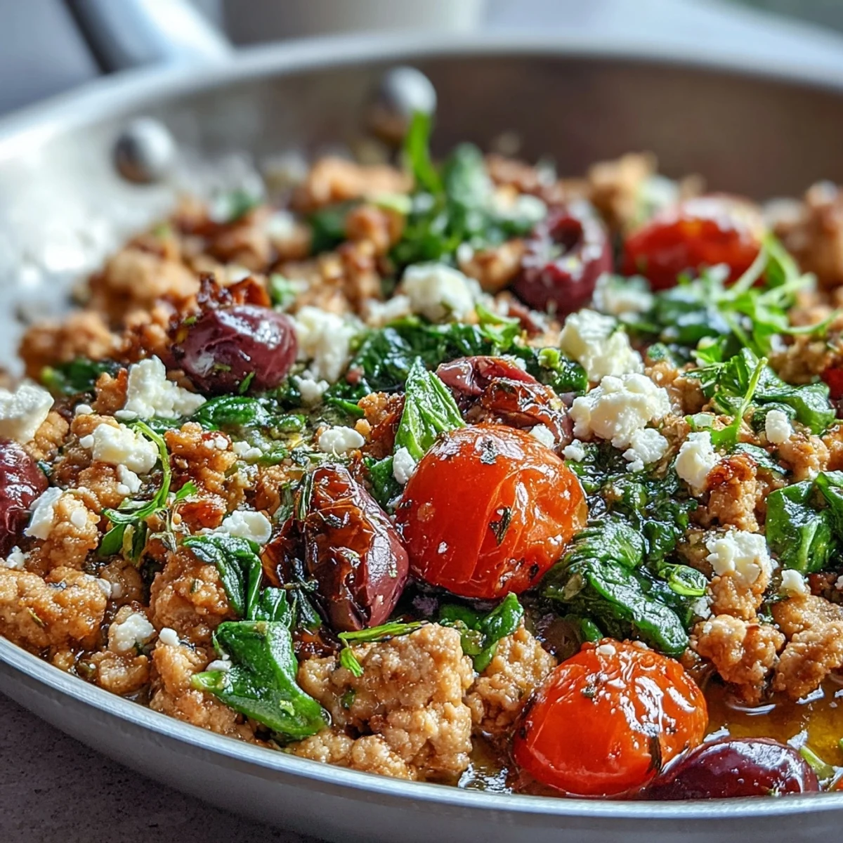 Golden ground chicken simmered in the Mediterranean Keto Ground Chicken Skillet with spinach and garlic, ready to enjoy.