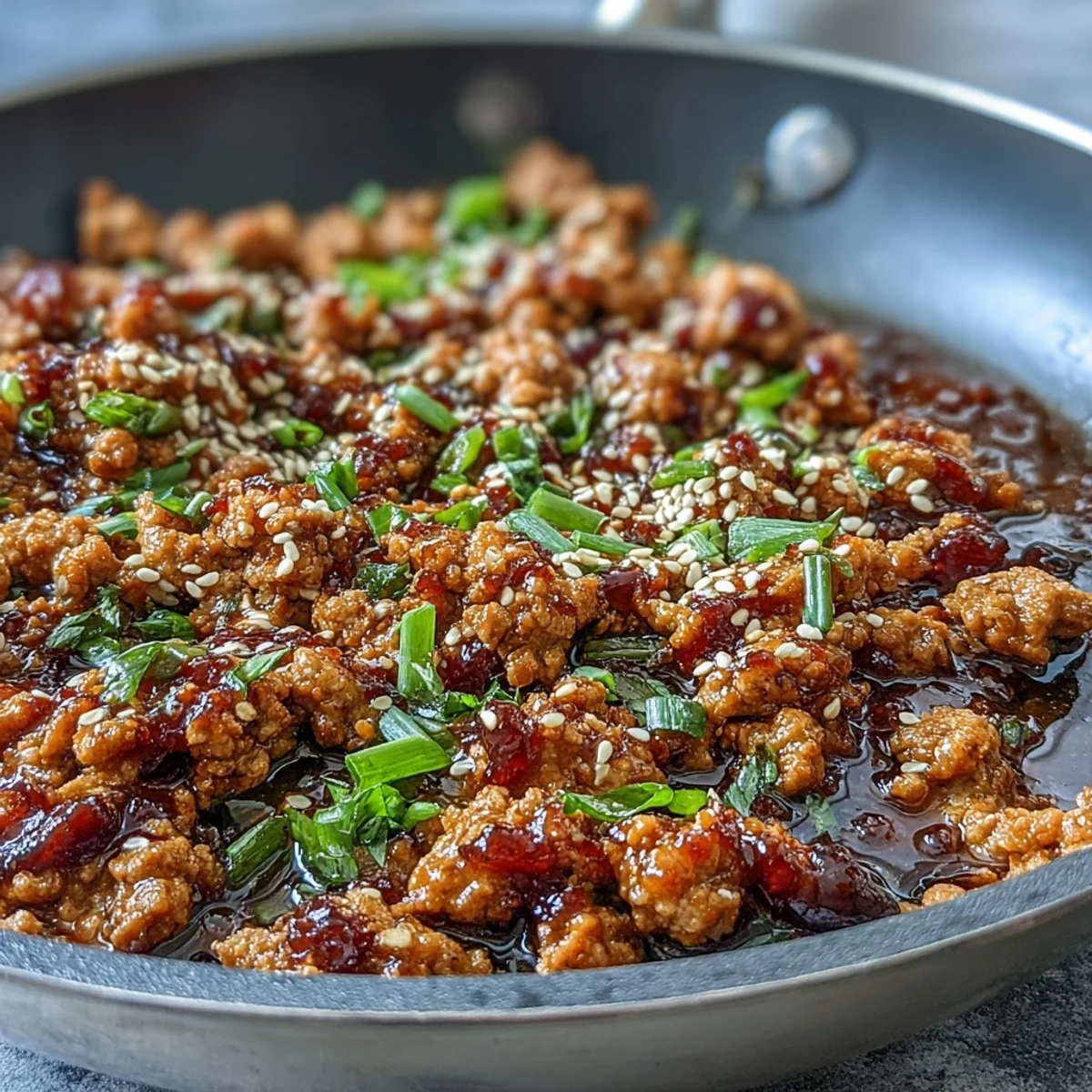 Savory Korean-Style Ground Turkey simmered in a glossy, spicy-sweet sauce with garlic and ginger, finished with toasted sesame seeds over fluffy white rice.