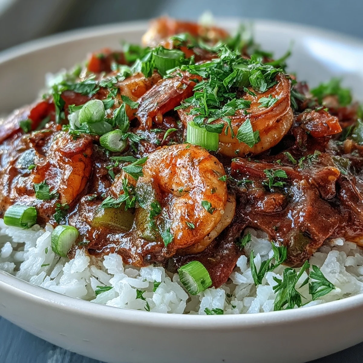 Plated Classic New Orleans Étouffée with succulent shrimp and rich sauce over fluffy white rice, garnished with fresh parsley.