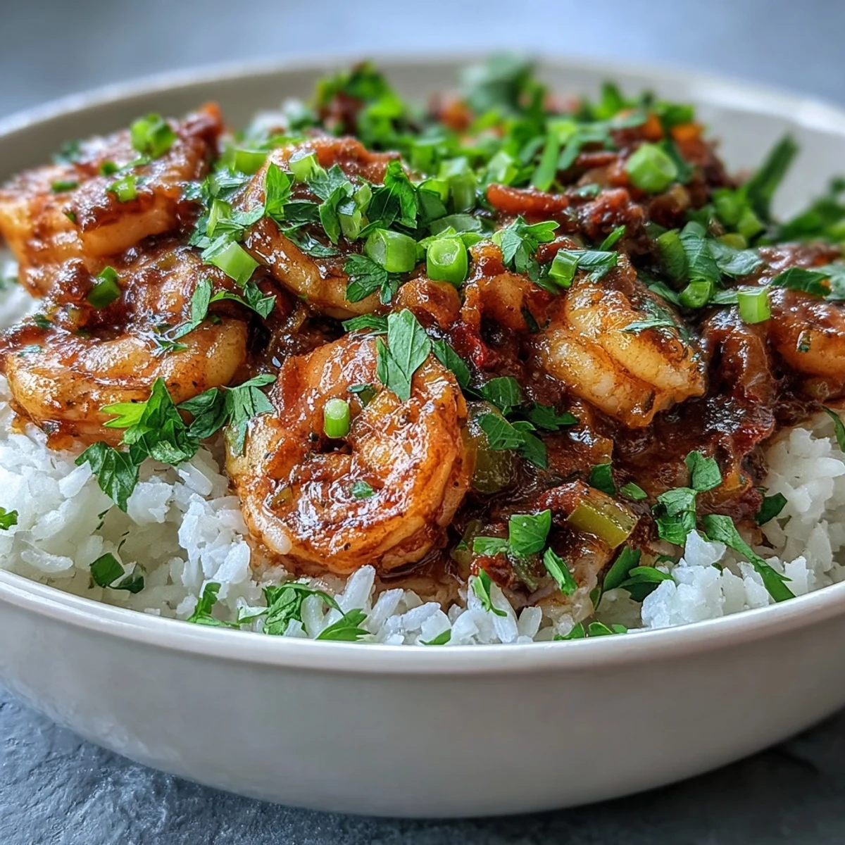 Classic New Orleans Étouffée served with fluffy white rice, green onion garnish, and a side of crusty French bread.