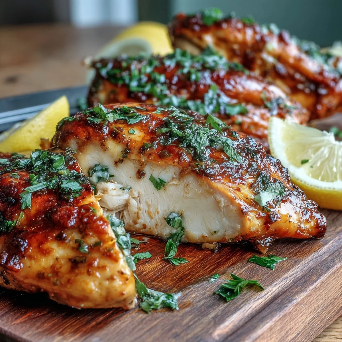 Golden-brown Oven Baked Chicken Breast fresh from the oven, garnished with fresh parsley and lemon slices.