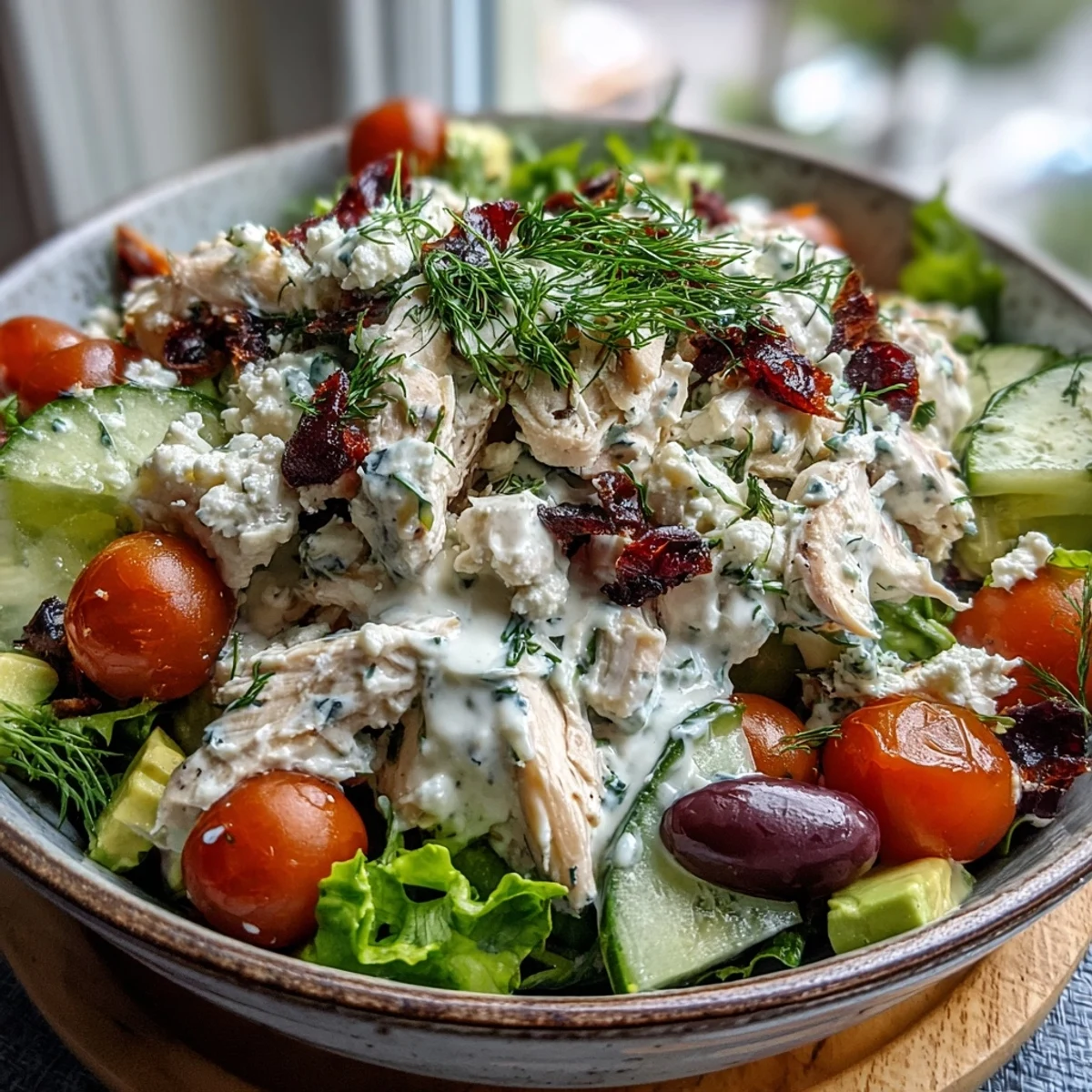 Plated Tzatziki Chicken Salad served over a bed of mixed greens with halved cherry tomatoes, crumbled feta, and Kalamata olives for a Mediterranean lunch.  